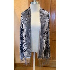 Boho Shawl Wrap Burnout Velvet Scarf Black Gray Fringe Kimono Stevie Nicks Sheer